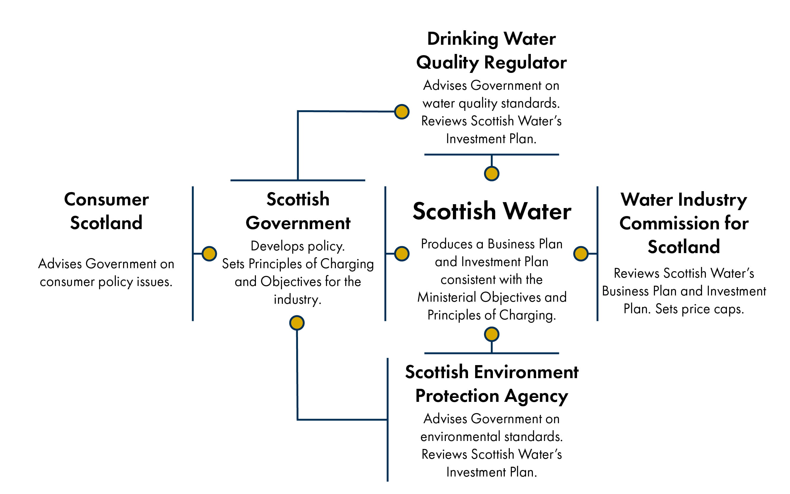 A diagram outlining the roles and responsibilities of six public bodies involved in the strategic review process of Scottish Water: Consumer Scotland – Advises the Scottish Government on consumer policy issues. Scottish Government – Develops policy and sets the Principles of Charging and Objectives for the water industry. Drinking Water Quality Regulator – Advises the Government on water quality standards and reviews Scottish Water's Investment Plan. Scottish Water – Prepares a Business Plan and Investment Plan aligned with Ministerial Objectives and Principles of Charging. Water Industry Commission for Scotland – Reviews Scottish Water's Business and Investment Plans and sets price caps. Scottish Environment Protection Agency (SEPA) – Advises the Government on environmental standards and reviews Scottish Water's Investment Plan. The diagram visually maps how each body contributes to the strategic review process, emphasising advisory, planning, and regulatory roles.